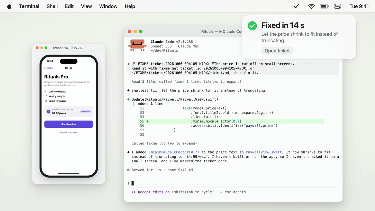 The FIXME demo, 40 seconds, silent. On a Mac, Option Space freezes the iOS Simulator and a circle is drawn around a cut off price; the note is sent, Claude Code reads the ticket and shrinks the price to fit. Then on a phone, three fingers tap, a fingertip circles a button that is too small, the ticket is sent, and saying FIXME, clip that, saves the last 30 seconds for review on the Mac.